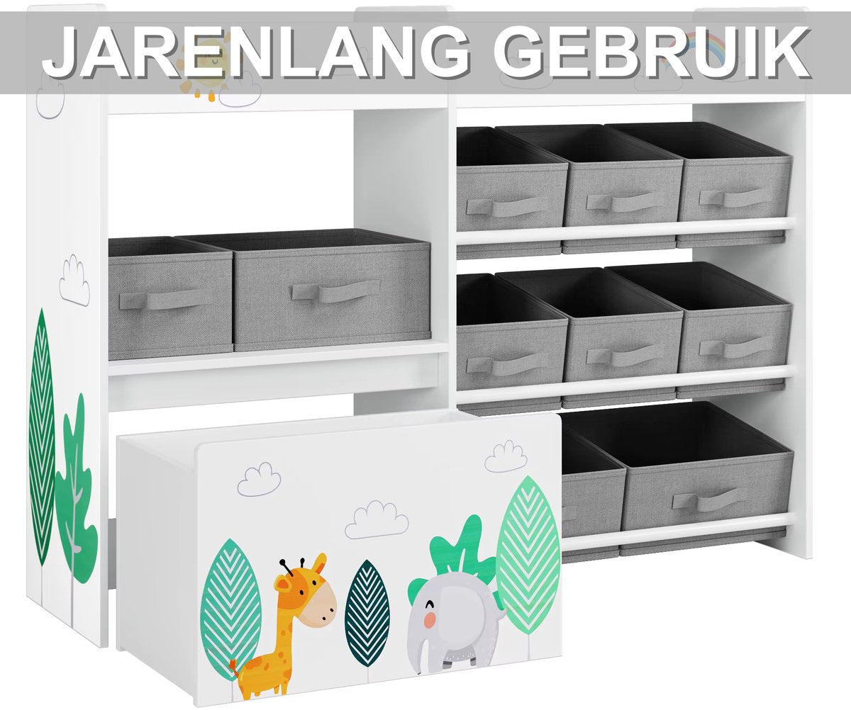 Speelgoedopbergkast – Kinderspeelkamer - Kinderboekenkast – Voor kinderen in speelkamer of kinderkamer – 10 opbergruimtes, speelgoeddoos op wielen – Wit