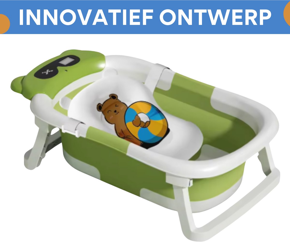 Babybadje - Groen - Temperatuurweergave - Baby bad met standaard - Zitbad - Kinderbad - Opvouwbaar