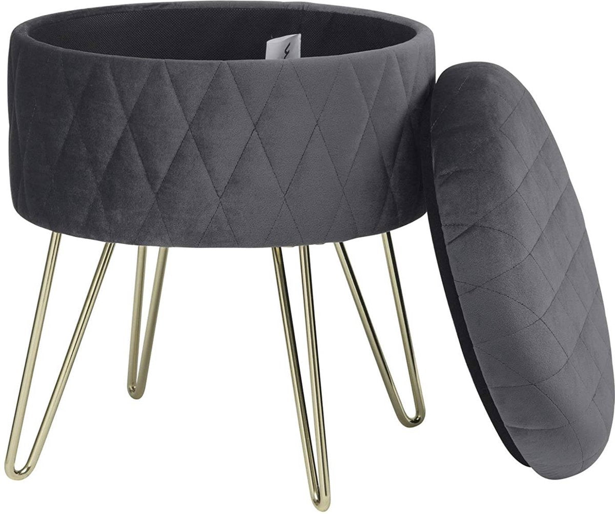 Happyment Poef deluxe - Voetenbank met opbergruimte - Donkergrijs - Opbergbox hocker - Zitkist met deskel - Velvet - 31.5x31.5x36cm
