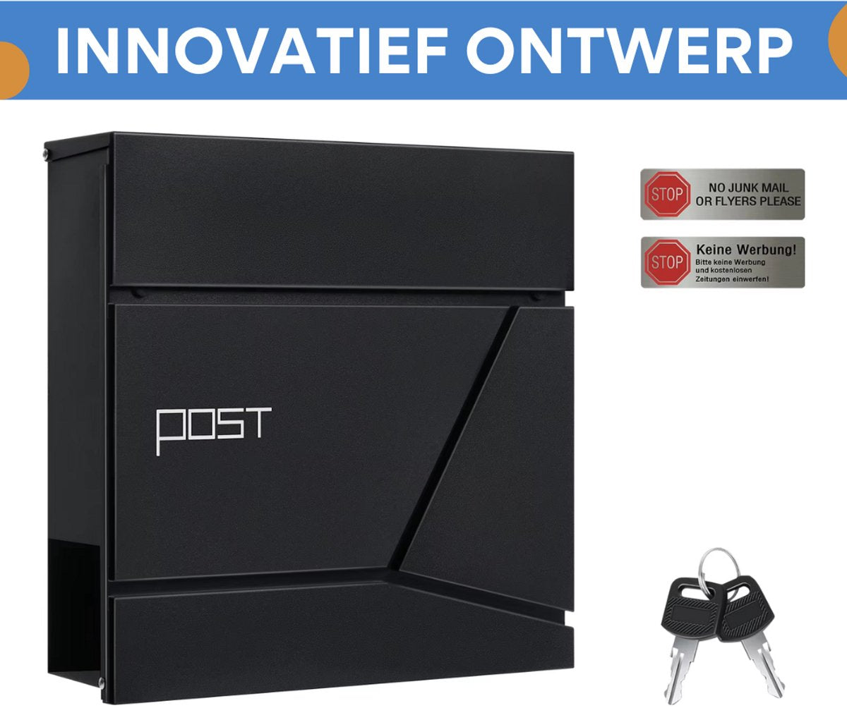 Wandgemonteerde Brievenbus - Met Krantenhouder, Deksel en Slot - Met Sleutel voor Buiten - Brievenbus voor Bedrijf en Tuin - Zwart