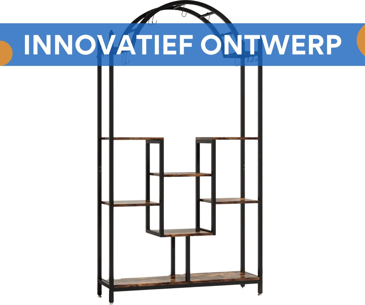 Plantenstandaard Vexal - 5 lagen - Gebogen Metalen Plantenrek - 190 cm hoog × 100 cm breed × 30 cm diep - Met Hangende Haken - Grote Bloemen