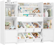 Speelgoedopbergkast – Kinderspeelkamer - Kinderboekenkast – Voor kinderen in kinderkamer of speelkamer – 6 verwijderbare dozen en 4-laags boekenplank – Wit