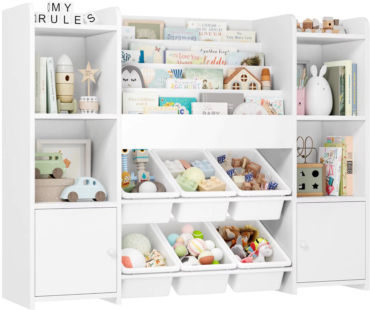 Speelgoedopbergkast – Kinderspeelkamer - Kinderboekenkast – Voor kinderen in kinderkamer of speelkamer – 6 verwijderbare dozen en 4-laags boekenplank – Wit