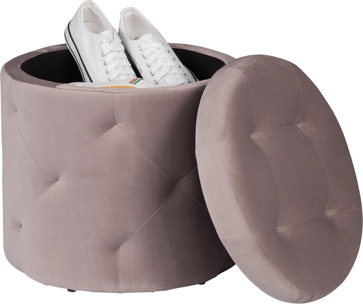 Luxe Ronde Poef diva - Met opbergruimte - Voetenbank met opbergruimte - Opbergbox hocker - Zitkist met deskel - Roze - Velvet - 39.5 x 39.5 x 40 cm
