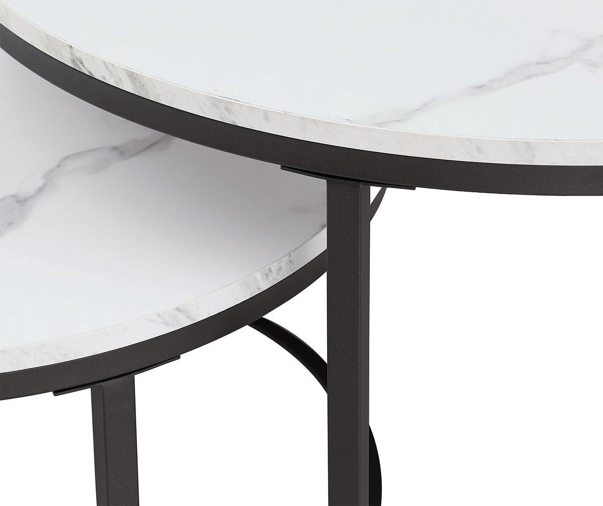 Luxe Salontafel - Wit - Marmerlook - Set van 2 - Rond - Zwart frame