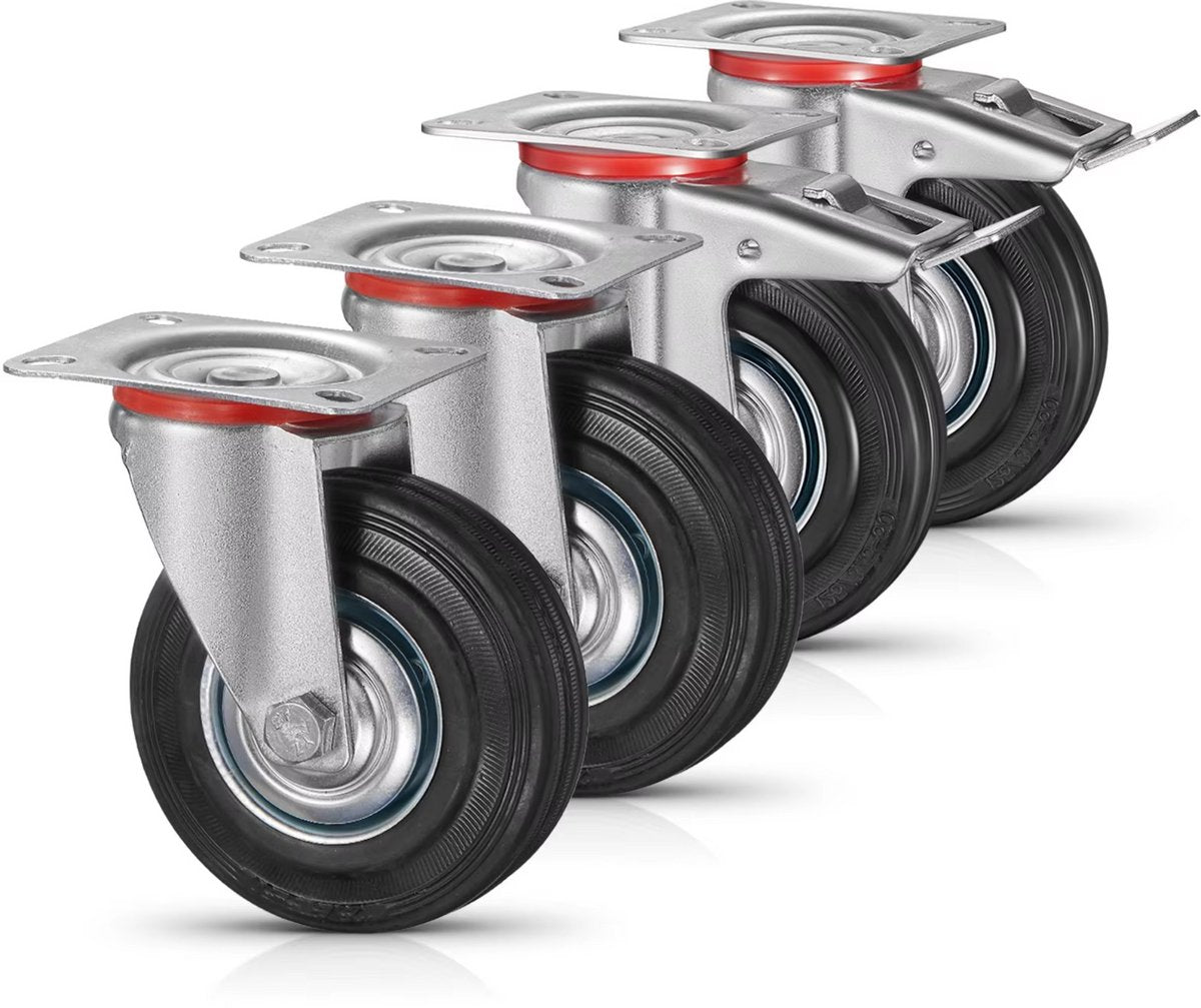 Zwenkwielen met rem - Set van 4 - 125 mm - Set van 4 - Transportrollen - Zware wielen - 150KG Draagvermogen