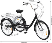 Driewieler Zyrell - 6 versnellingen - Fiets voor volwassenen en senioren - 24 Inch - Opvouwbare Trike - Met mand - Voorrem - Zwart