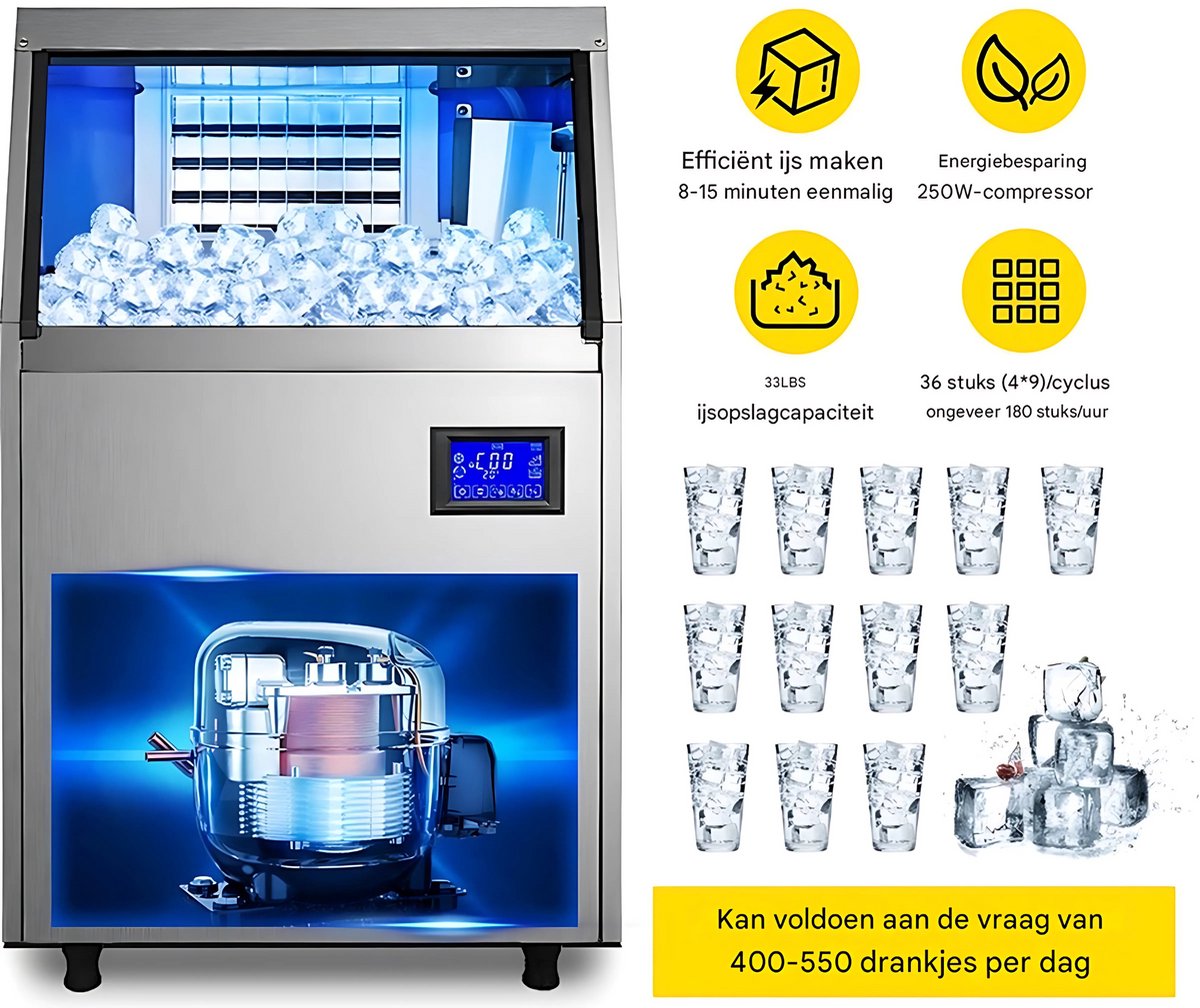 Professionele IJsblokjesmachine – 250W - IJsblokjesmaker met IJsschep – 50KG per 24 uur – Zelfreinigingsfunctie - Draagbaar - Zwart