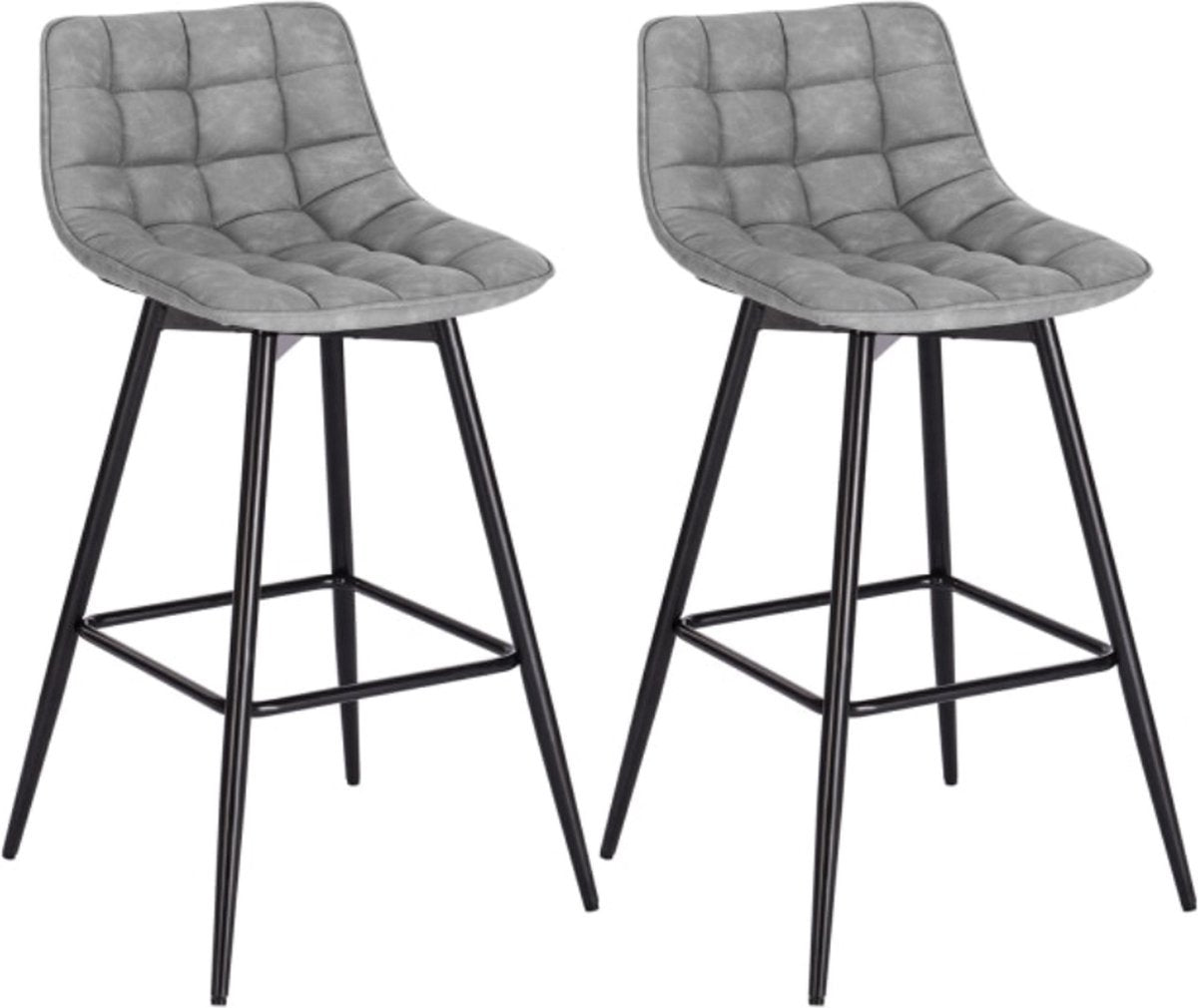 Leren Barkrukken - Grijs - Rugleuning - Industrieel - 43x35x88cm - Set van 2