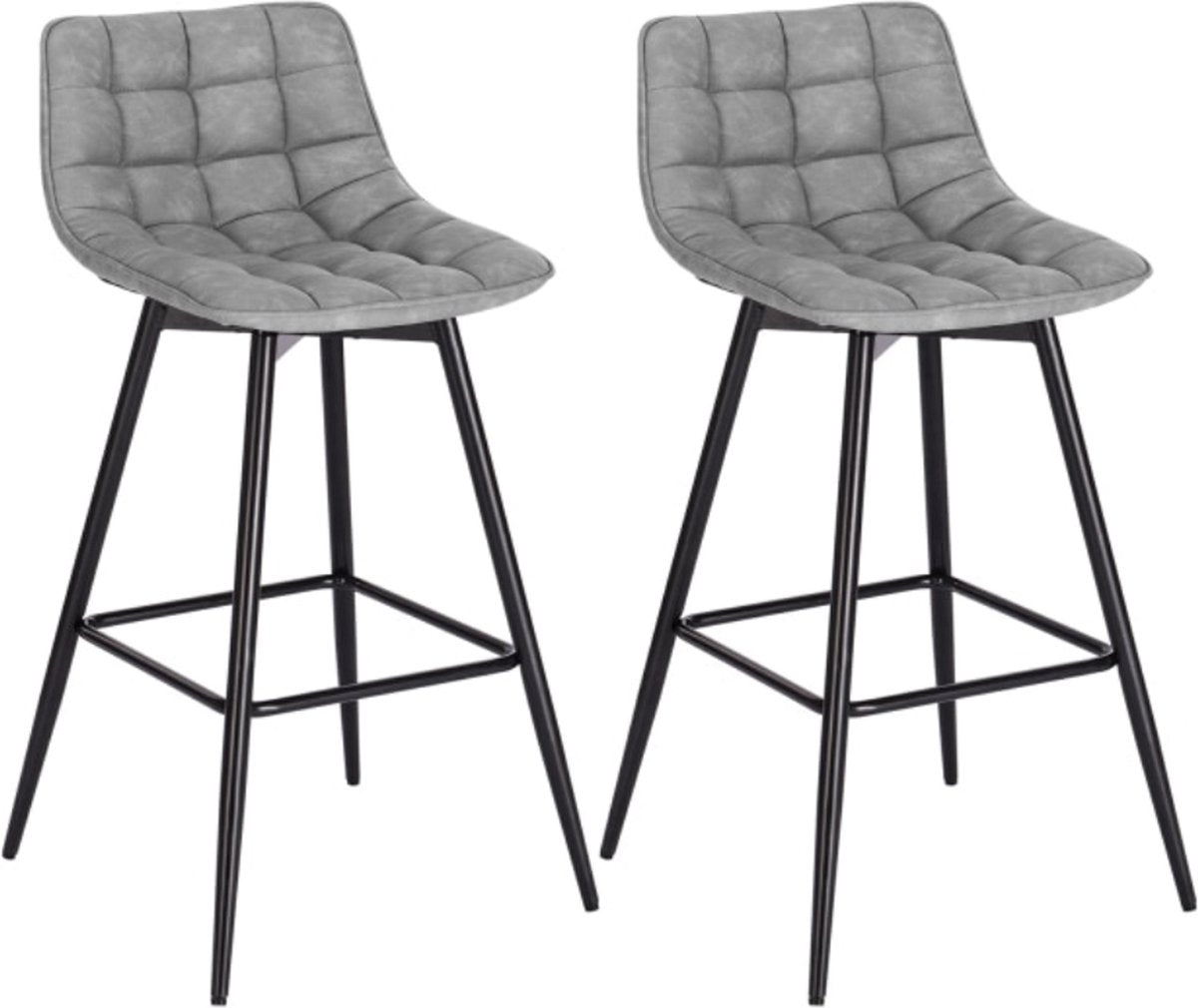 Happyment Leren barkrukken met rugleuning - Set van 2 - Ergonomisch - Keuken - barstoelen - Industrieel/Modern - Grijs - 43x35x88cm