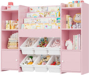 Speelgoedopbergkast – Kinderspeelkamer - Kinderboekenkast – Voor kinderen in kinderkamer of speelkamer – 6 verwijderbare dozen en 4-laags boekenplank – Roze
