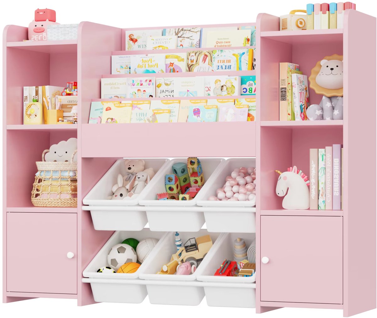 Speelgoedopbergkast – Kinderspeelkamer - Kinderboekenkast – Voor kinderen in kinderkamer of speelkamer – 6 verwijderbare dozen en 4-laags boekenplank – Roze