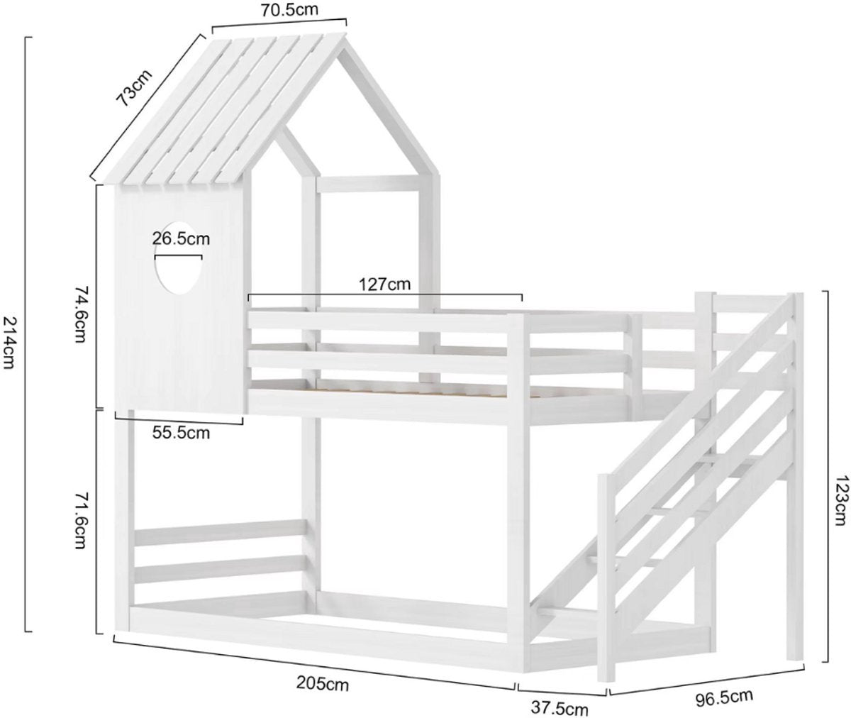 Stapelbed Tavien 200 x 90 cm - Voor Kinderen - 2 kinderbedden - Hoogslaper - Met Hoektrap, valbeveiliging en raam - Peuterbed