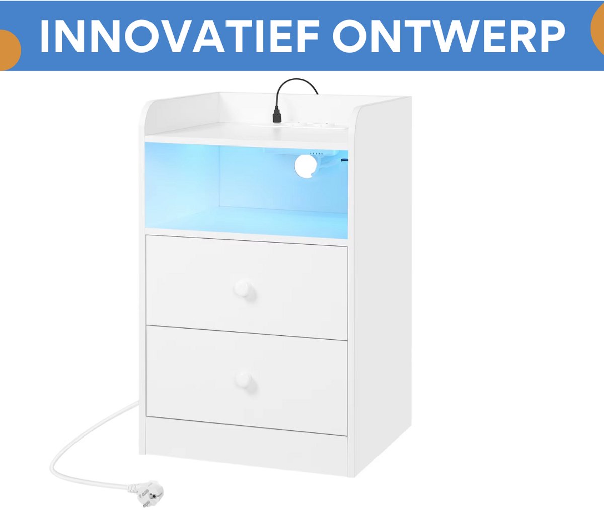 Nachtkast met RGB lichten - Wit - Slaapkamer - Met ingebouwde usb oplaadpoorten