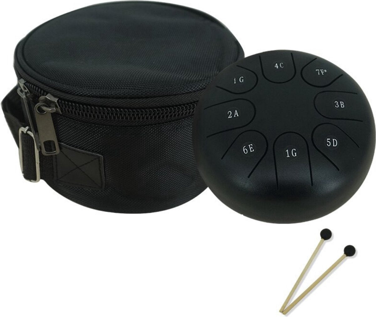 Happyment Stalen Tongdrum - Tongtrommel - Schijftrommel - Tong Drummer - Steel Tongue Drum - Klankschaal - Percussie Instrument - Handpan - Inclusief Drumsticks en Opbergtas - 8 Noten - 15cm - Zwart