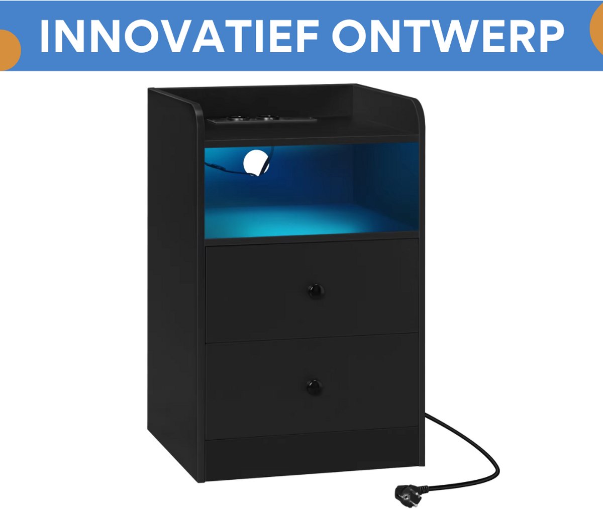 Nachtkast met RGB lichten - Zwart - Slaapkamer - Met ingebouwde usb oplaadpoorten