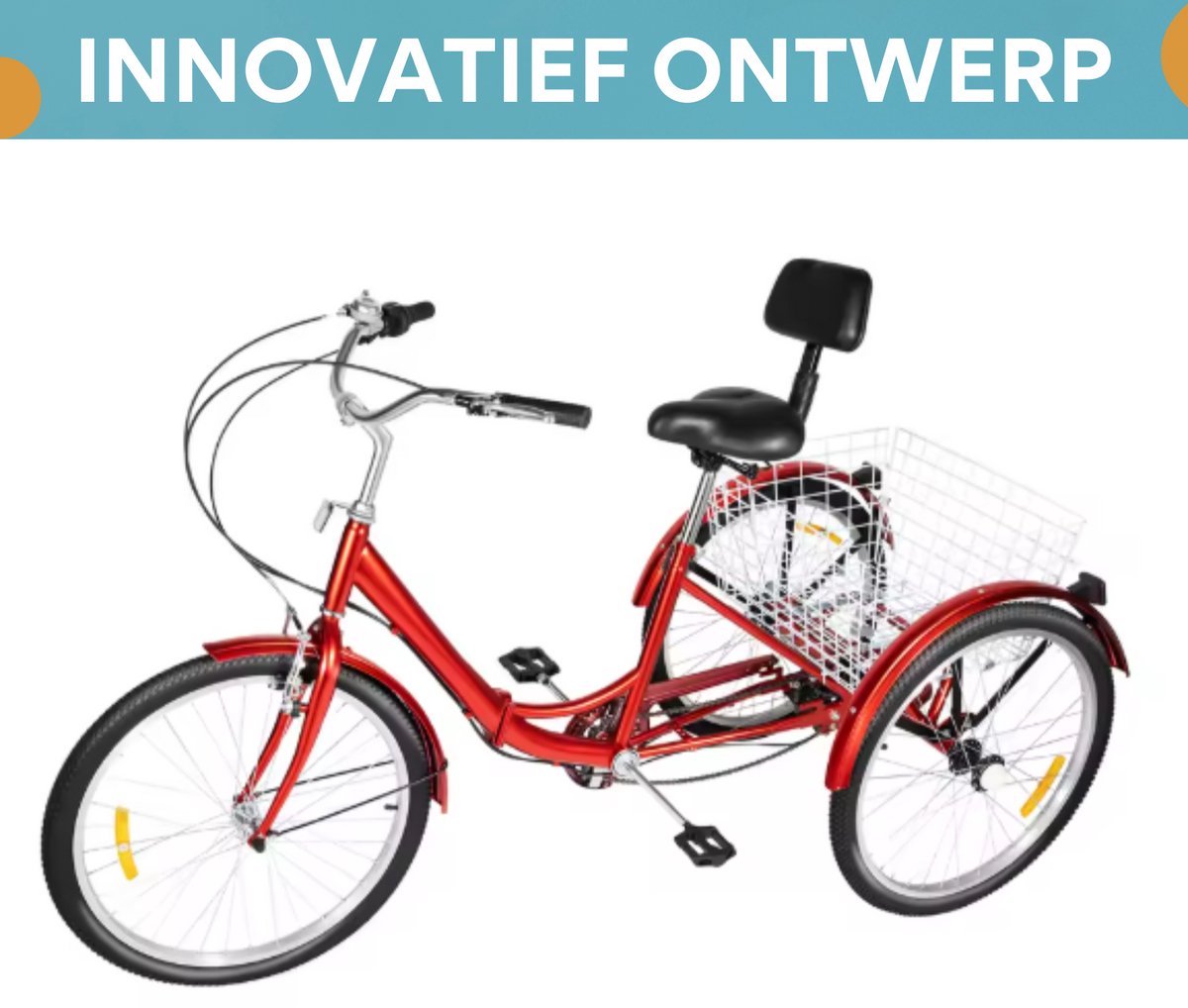 Driewieler Berlin Tavien - 7 versnellingen - Fiets voor volwassenen en senioren - 24 Inch - Opvouwbare - Verstelbaar - Met mand - Voorrem - Rood - 120KG