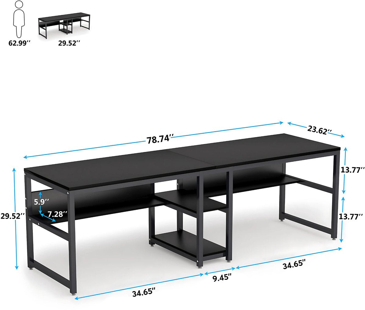 Bureau XL - Voor 2 perosnen - Zwart - Computerbureau - Voor thuis of werk - 200cm