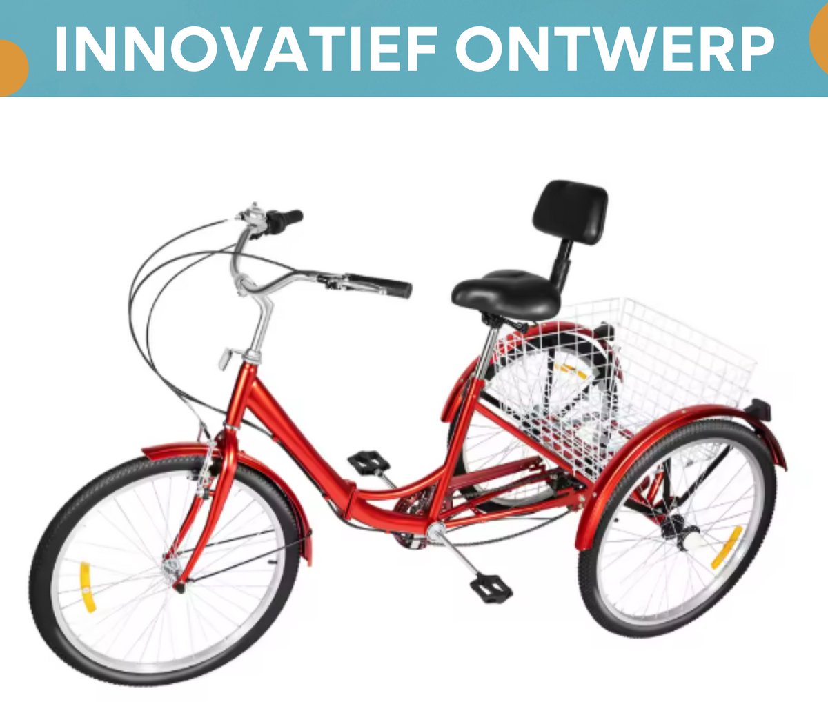 Driewieler Berlin - 7 versnellingen - Fiets voor volwassenen en senioren - 24 Inch - Opvouwbare - Verstelbaar - Met mand - Voorrem - Rood - 120KG