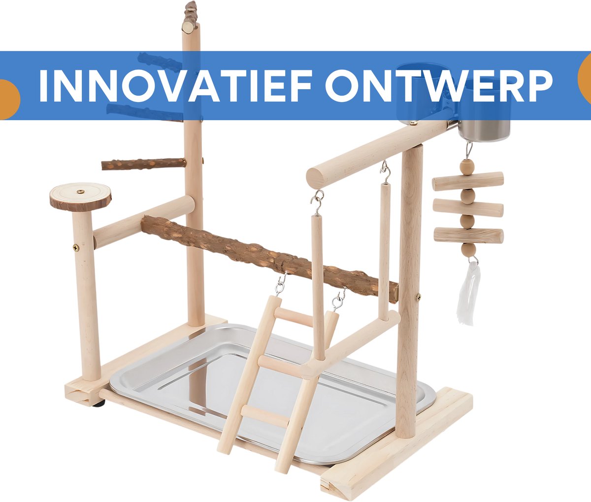 Papegaaienstandaard - Speelstandaard met Schommel - Vogelspeeltuin - Papegaaien - Voor Interactief Spel & Training - met Ladder, Plank & Staande Stok - Inclusief 2 Voedingsbekers