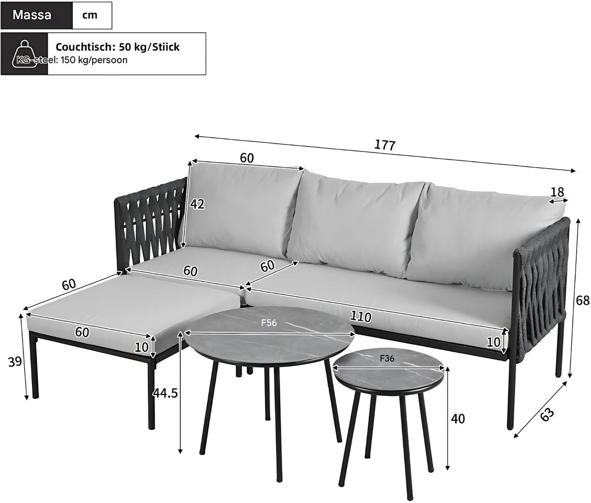 Tuinmeubelset - Loungeset - Tuinlounge Lounge Set - Voor Tuin, Zwembad of Terras - Sofa, 2 Salontafels & Voetkruk - Dik Touw & Marmeren Tafel