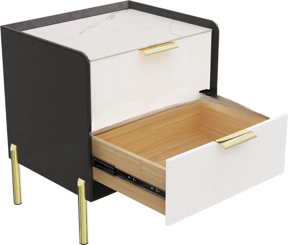 Nachtkastje Luxora - Met 2 Laden - Gouden Metalen Poot en Marmeren Tafelblad - Bijzettafel voor Sofa of Einde Tafel