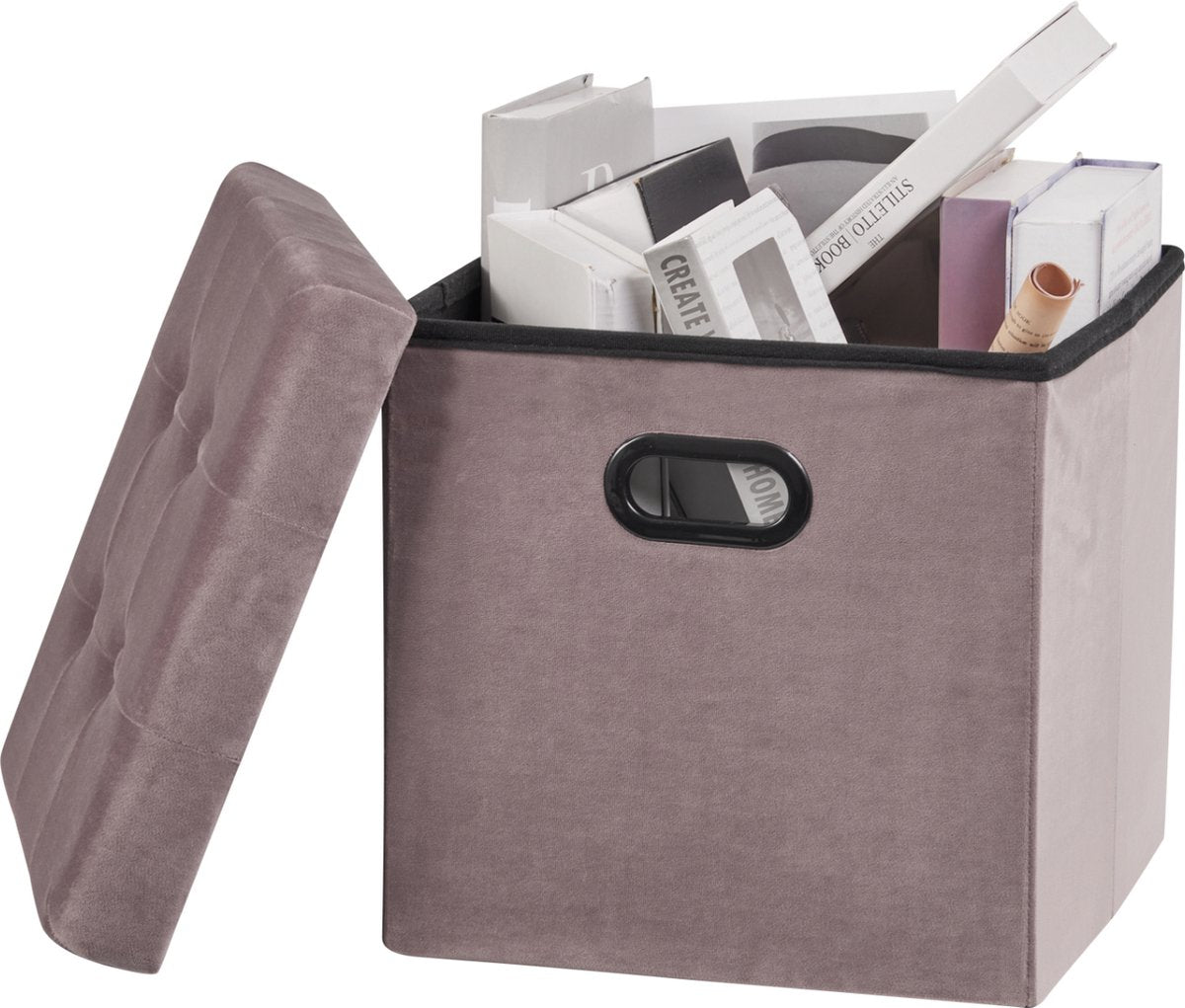 Poef Tulia Deluxe - Met opbergruimte - Voetenbank met opbergruimte - Opbergbox hocker - Zitkist met deskel - Roze - Velvet - 37.5x37.5x38cm