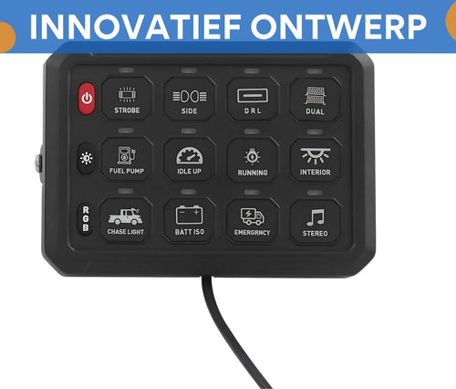 12-Voudig Schakelpaneel met App-Bediening - 12V/24V - Instelbare Helderheid & Lichtkleuren - IP65 Waterdicht - Voor Auto, Boot & Vrachtwagen