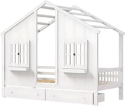 Kinderbed 90x200 cm - Met 2 lades - Huisbed - Voor Kinderen - Peuterbed - Met lattenbodem - Zonder matras
