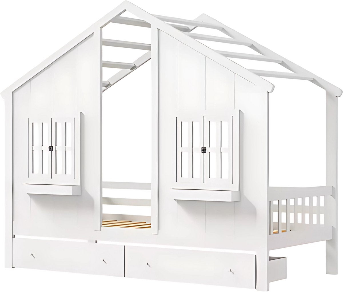 Kinderbed 90x200 cm - Met 2 lades - Huisbed - Voor Kinderen - Peuterbed - Met lattenbodem - Zonder matras
