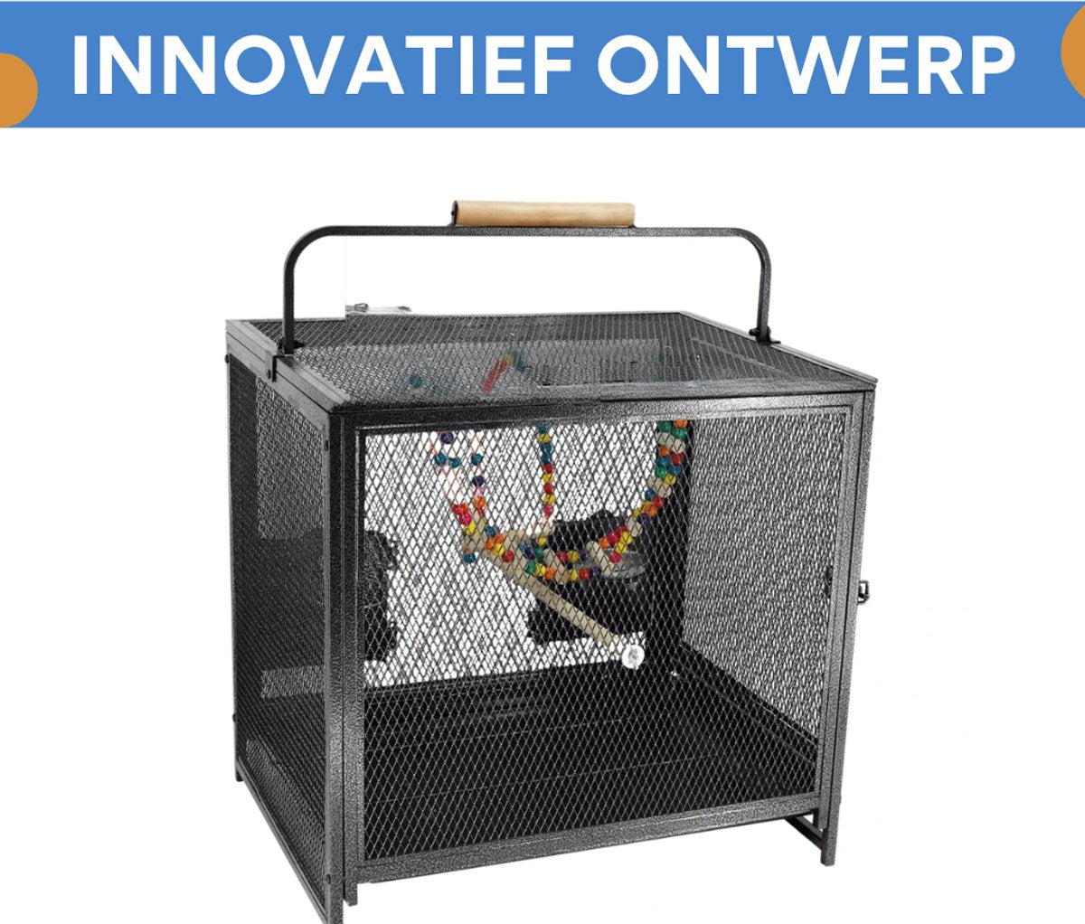 Metalen Vogelkooi - Voor Papegaaien en Parkieten - Reizen - Binnen - Met Hangmat, Zitstok en Reisdraagfunctie - 56 cm hoog met verwijderbaar blad