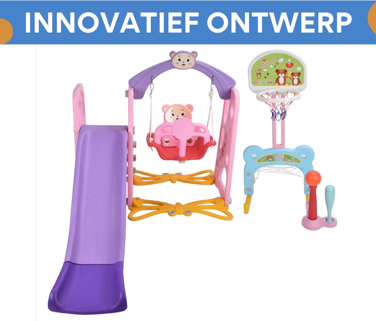 Opulence Speeltoestel 5-in-1 - Glijbaan en schommel voor peuters - Voor binnen en buiten - Met basketbalring en klimrek - Kinderen