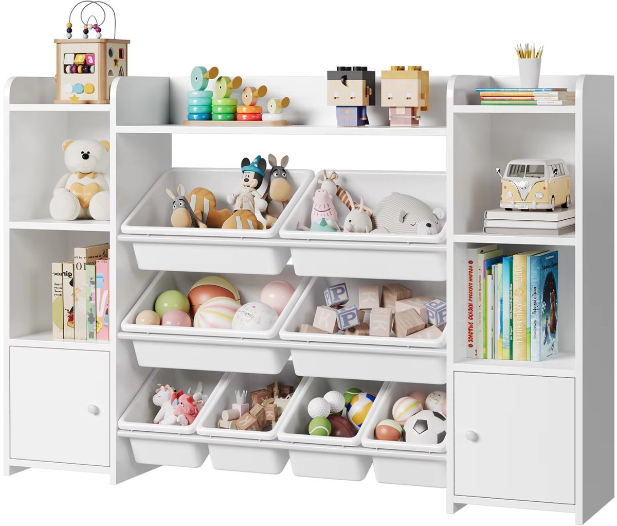 Speelgoedopbergkast – Kinderspeelkamer - Kinderboekenkast - Voor woonkamer, speelkamer en slaapkamer – Met 8 verwijderbare dozen en opbergplanken – 138,8×29,6×94,3 cm - Wit