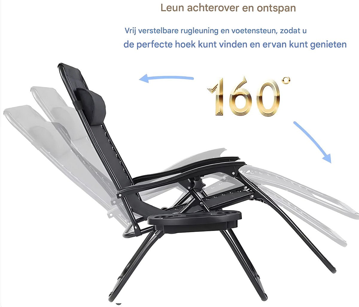 Opvouwbare Ligstoel voor de Tuin - Tuinstoel - Met tafeltje - Ligbed - 2 stuks- Zwart