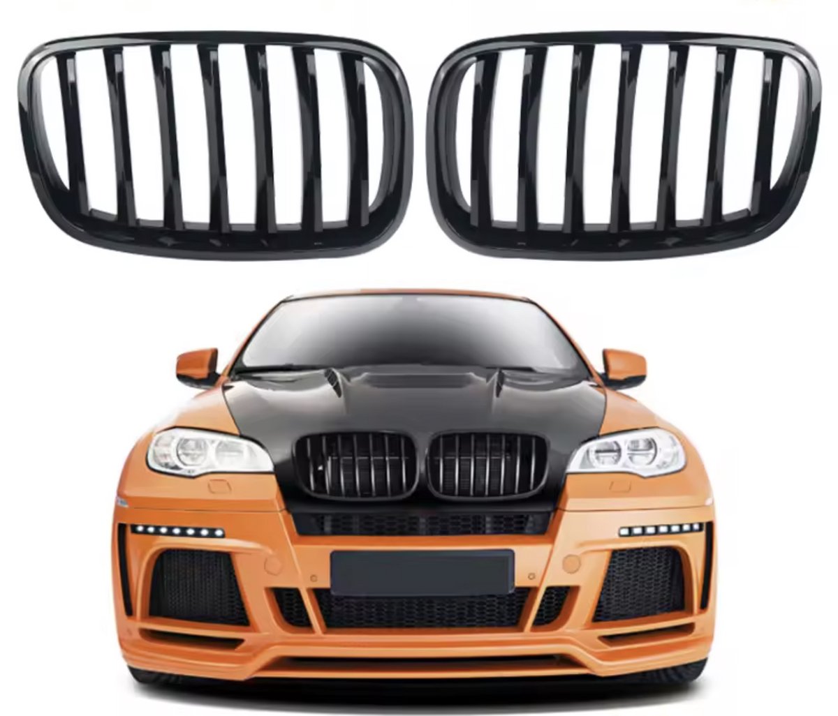 Voorbumper grille Iron - Voor BMW X5/X6 E70/E71 (2007-2013)- Glanzend Zwart - Auto accessoires