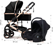 Happyment® kinderwagen 3 in 1 - Met stoel & wieg - Wandelwagen - Zwart