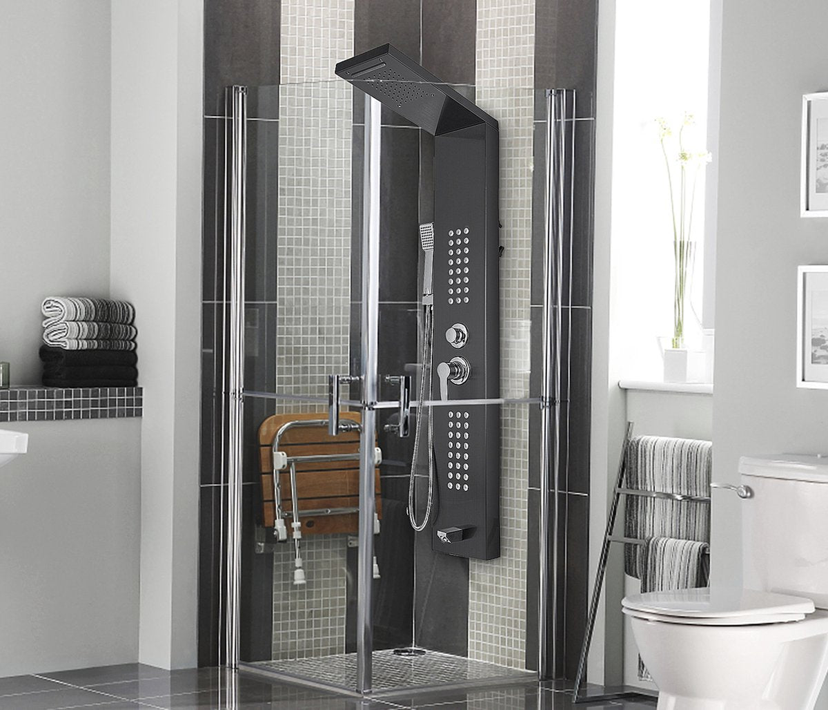 Happyment Compleet Douchesysteem - Doucheset - Mat Zwarte Hoofddouche en Handdouche - Massage Douche - Vierkante Regendouche voor Badkamer - 3 Douche Koppen