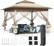 Tuinhuisje voor Buiten - Met 4 Afneembare Klamboes, UV- en Regendicht - Pop-up Patio Tuinhuisje met Dubbele Dakrand - Opvouwbaar - 3,3 x 3,3 m - Khaki