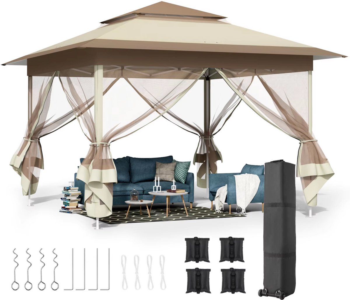 Tuinhuisje voor Buiten - Met 4 Afneembare Klamboes, UV- en Regendicht - Pop-up Patio Tuinhuisje met Dubbele Dakrand - Opvouwbaar - 3,3 x 3,3 m - Khaki