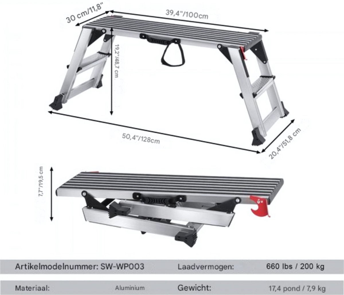 Aluminium Werkkruk - 200KG - Stevig - Opstapje - Krukje - Opklapbare - Zilver
