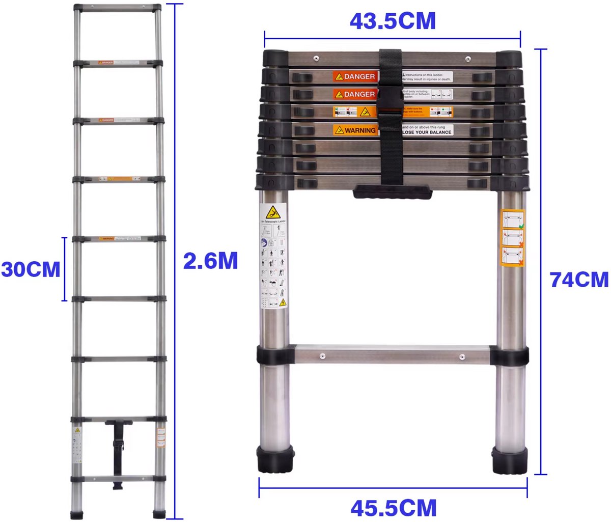 Telescopische Ladder 2,6M - Uitschuifbare & Draagbare Verlengladder - Voor Schilderen & Decoreren - Max. 150KG