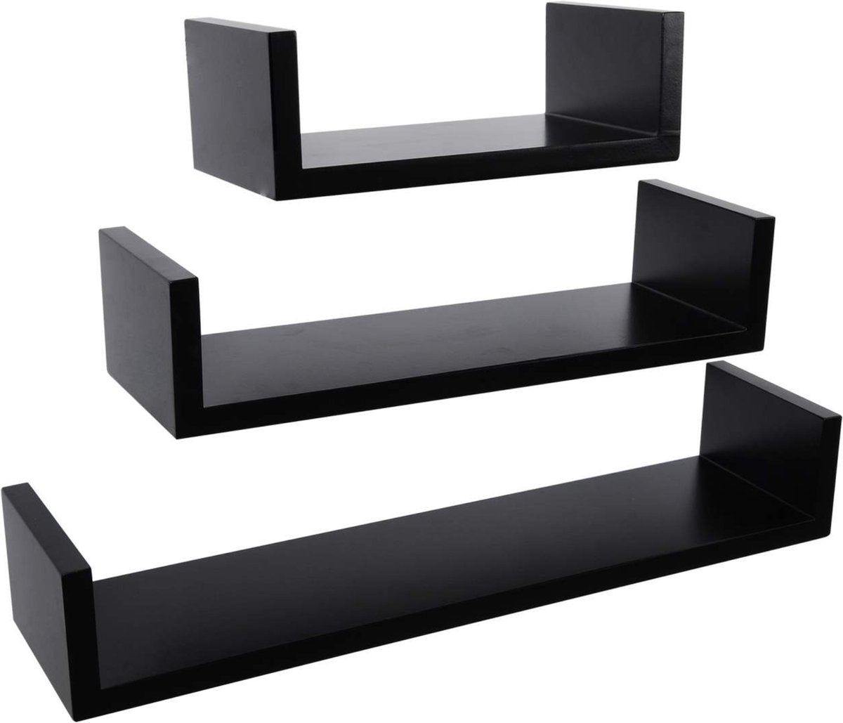 Happyment Zwevende Boekenplank - Wandplank voor tegen de muur - Set van 3 - Wandplanken - Wandrek - Fotoplank kinderkamer - Zwart - Hout MDF