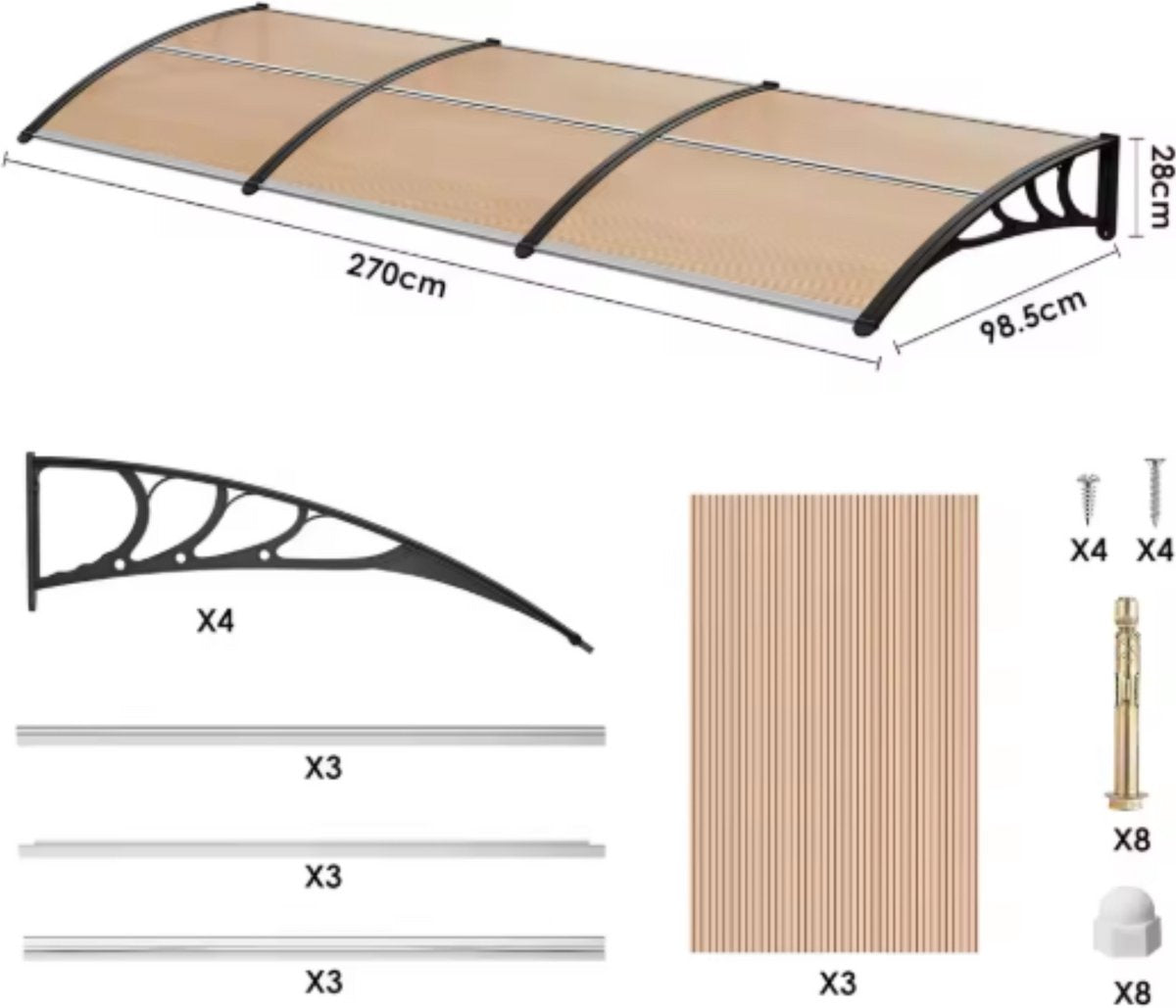 Deur- en Raam Regenhoes - Deurluifel - Overkapping - Polycarbonaat Zonnescherm & Deurluifel voor Voordeur en Buitenterras - 270x98.5 cm Bruin
