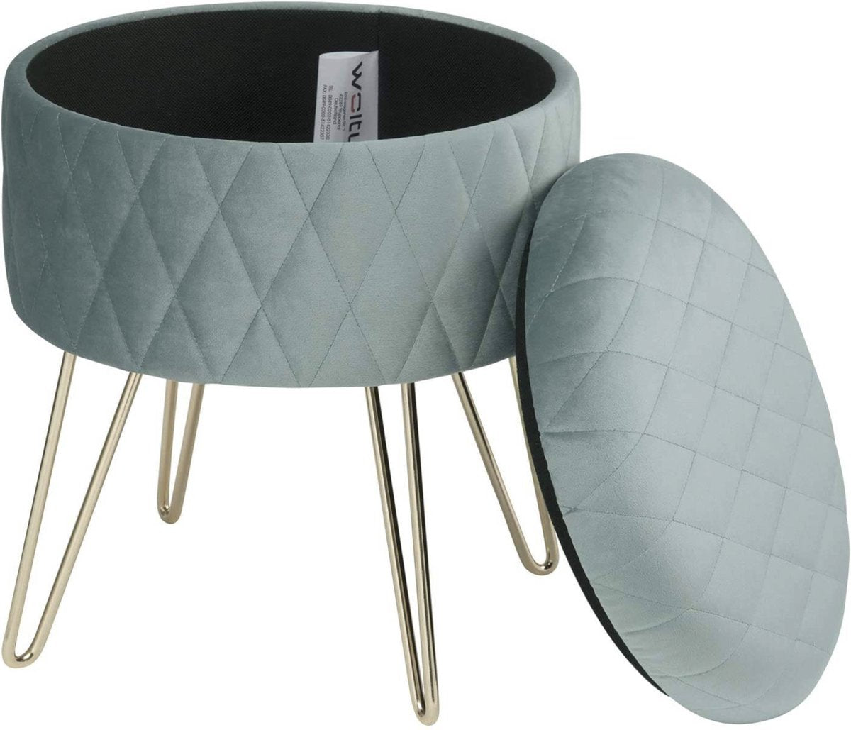 Happyment Poef deluxe - Voetenbank met opbergruimte - Turquoise - Opbergbox hocker - Zitkist met deskel - Velvet - 31.5x31.5x36cm