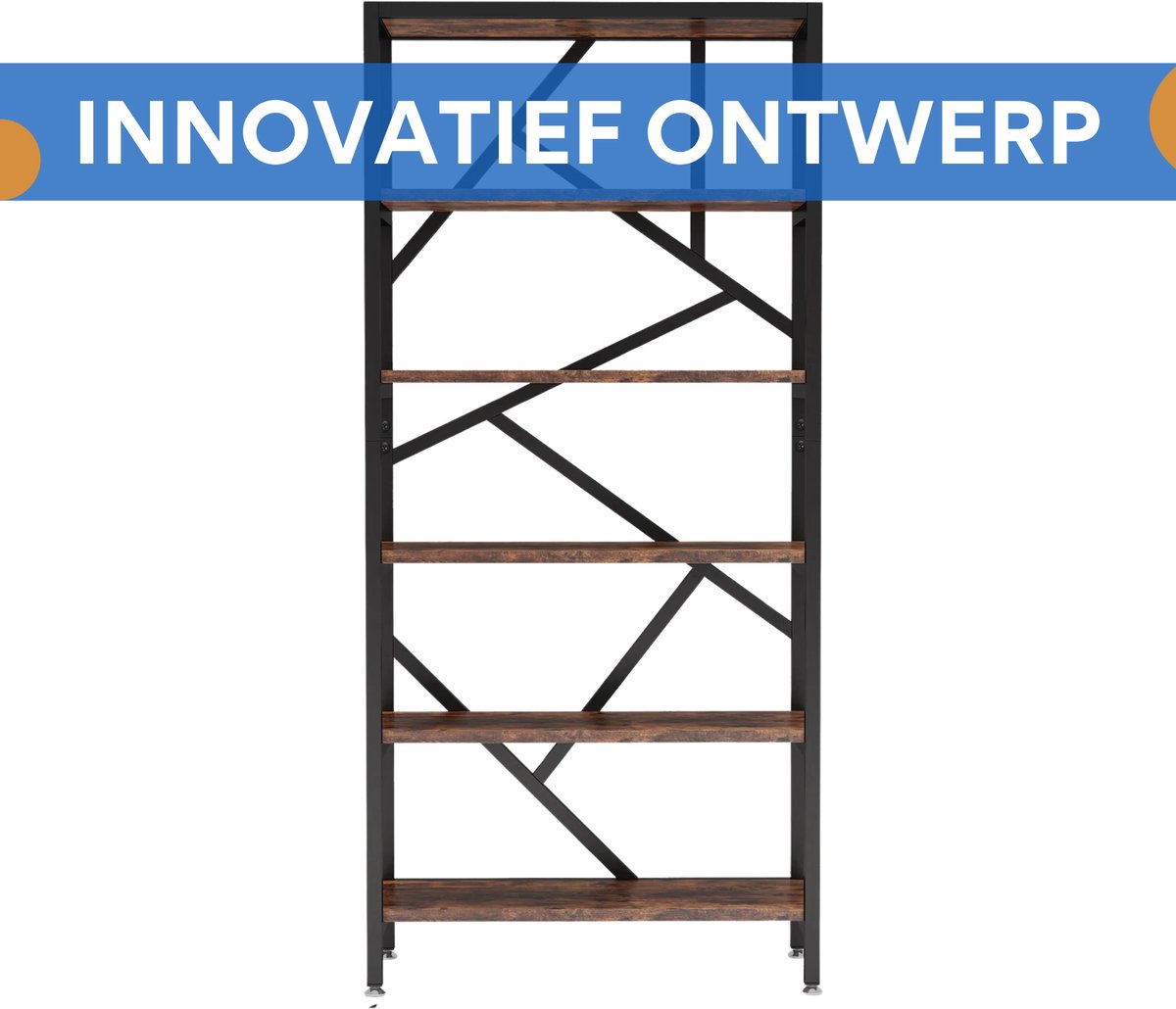 Boekenkast - Boekenplank - Wandplank - Boekenrek - Voor opbergen / woonkamer / kantoor - Industrieel - met open planken - Rustiek Bruin 02