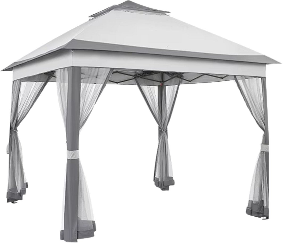 Tuinhuisje - Voor Buiten en Patio - Met 4 Afneembare Klamboes, UV- en Regendicht - Opvouwbaar met Dubbele Dakrand - 3,3 x 3,3 m - Lichtgrijs