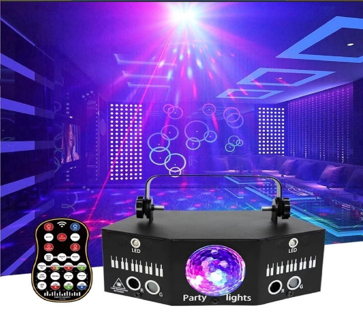 Happyment Disco Lichteffect PRO - Party Laser Lamp - Laser, LED's en Stroboscoop effect - Afstand bestuurbaar, Geluid gestuurd en DMX ondersteuning