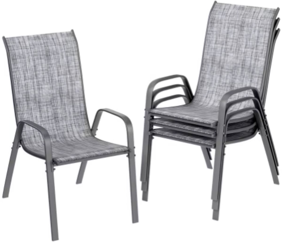 Metalen Buitenstoelenset - Tuinstoelen - Tuintafel stoelen - Stapelbare Terrasstoelen van Textilene - Set van 4, Max. Belastbaarheid 150 kg - Grijs