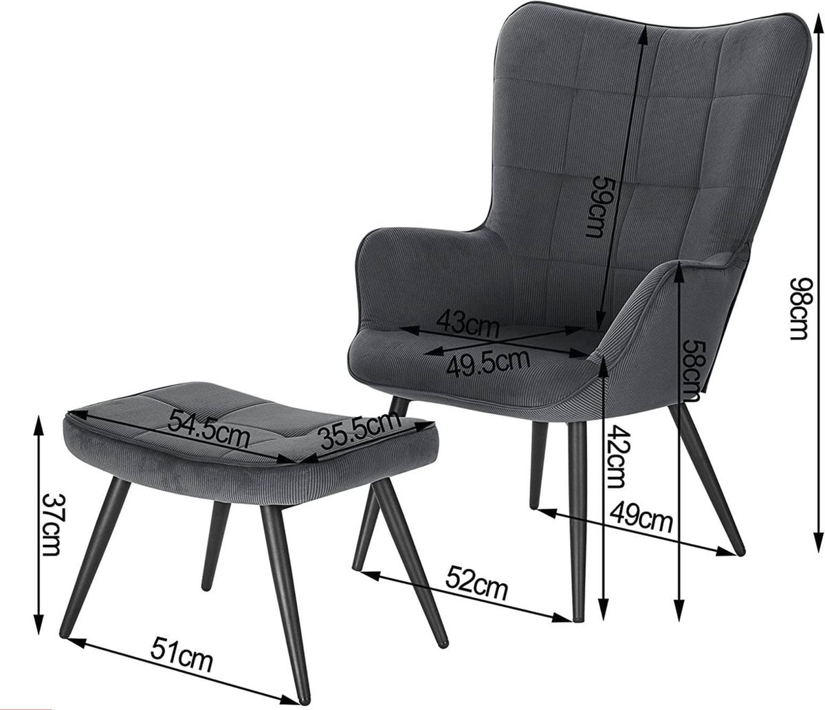 Fauteuil Deluxe met hocker - Armleuning - Voetenbank Woonkamer stoel - Corduroy - Donkergrijs