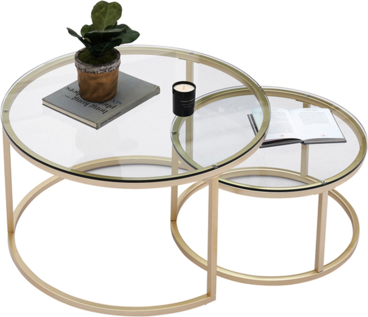 Happyment Moderne Salontafel - Set van 2 - Landelijk - Woonkamer - Rond - Glas goud - 60 en 40cm